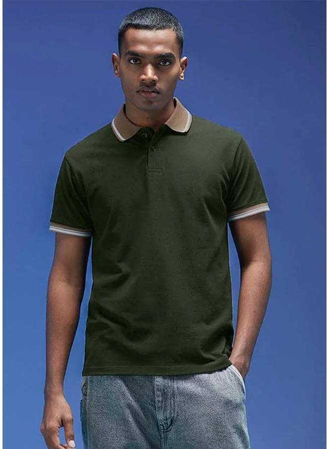Veirdo Veirdo Pure Cotton Regular Fit Olive Half Sleeve Polo T-Shirt For Men